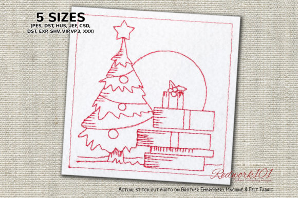 Christmas Tree with Gifts Redwork Design Asset Review